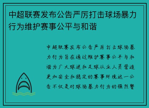 中超联赛发布公告严厉打击球场暴力行为维护赛事公平与和谐
