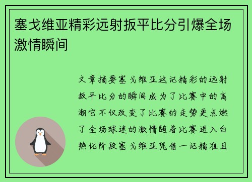 塞戈维亚精彩远射扳平比分引爆全场激情瞬间