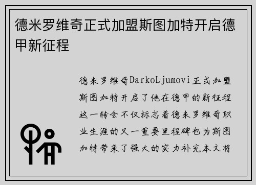 德米罗维奇正式加盟斯图加特开启德甲新征程