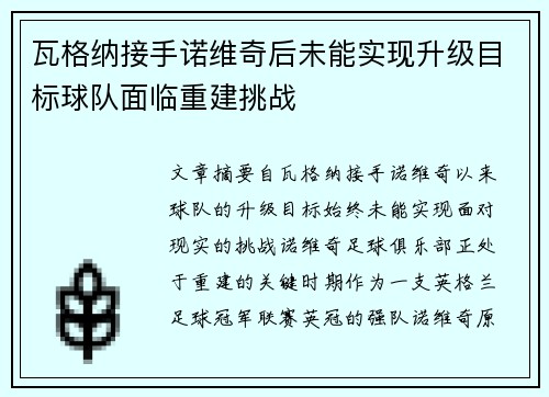 瓦格纳接手诺维奇后未能实现升级目标球队面临重建挑战